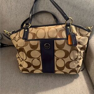 Coach Tan and Brown Signature Tote with Navy Blue Accents